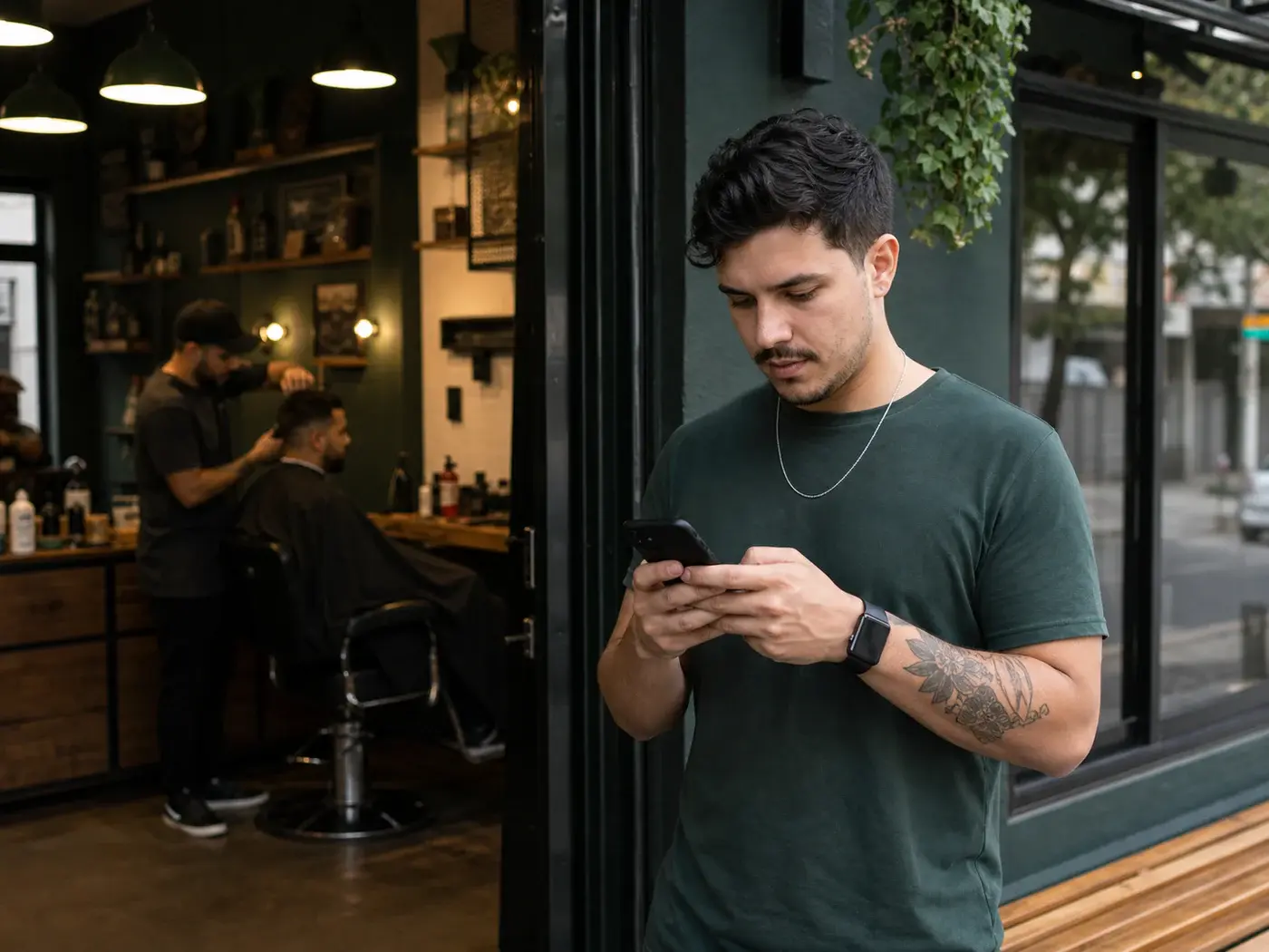 Cliente escolhendo um horário pelo celular enquanto a barbearia continua atendendo